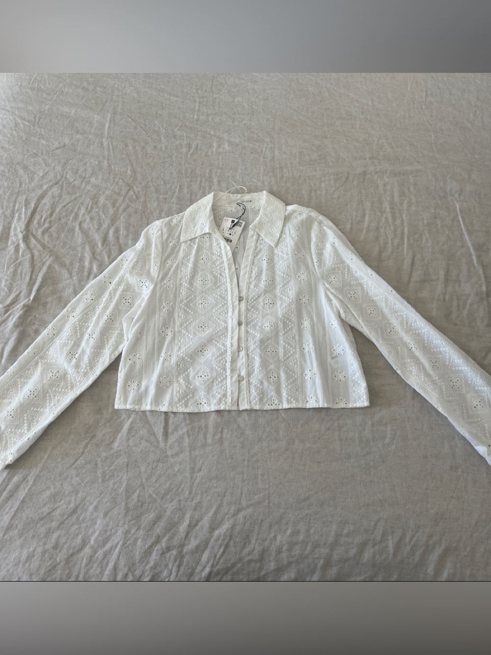 Eyelet Cropped Button-Up Top - White